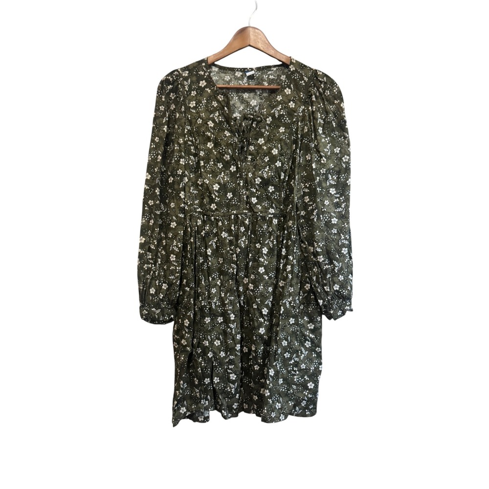 Old Navy Mini Dress Womens Large Green Floral Excellent Tie Front Long Sleeve